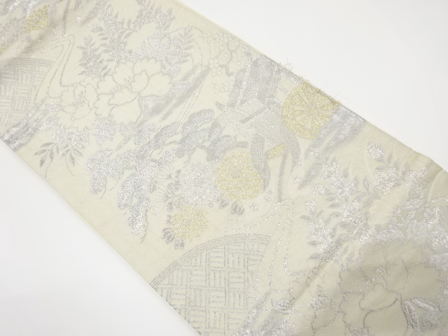 アンティーク　御所車に松・牡丹模様織り出し袋帯（材料）